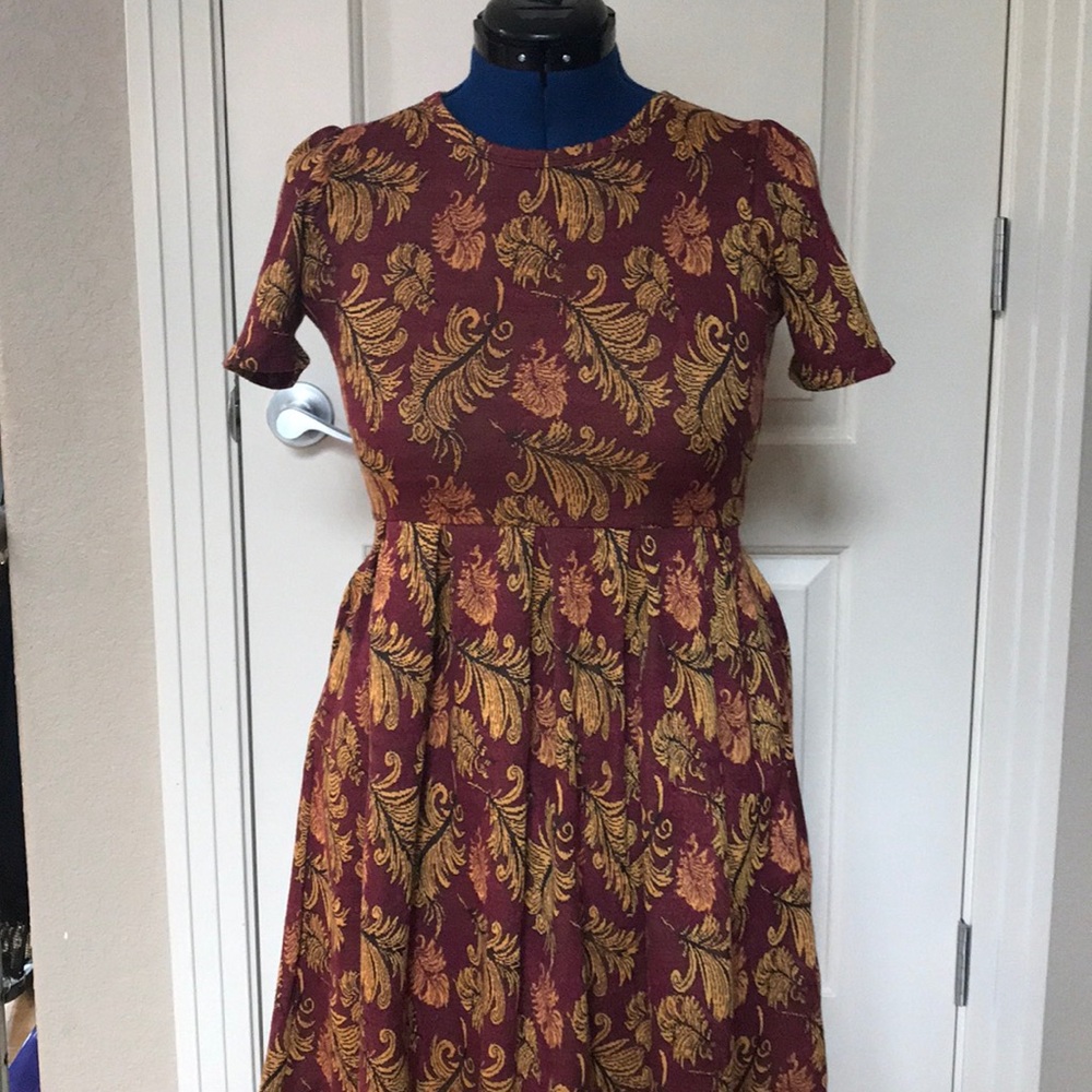 Maroon, yellow, and orange LuLaRoe sleeved dress